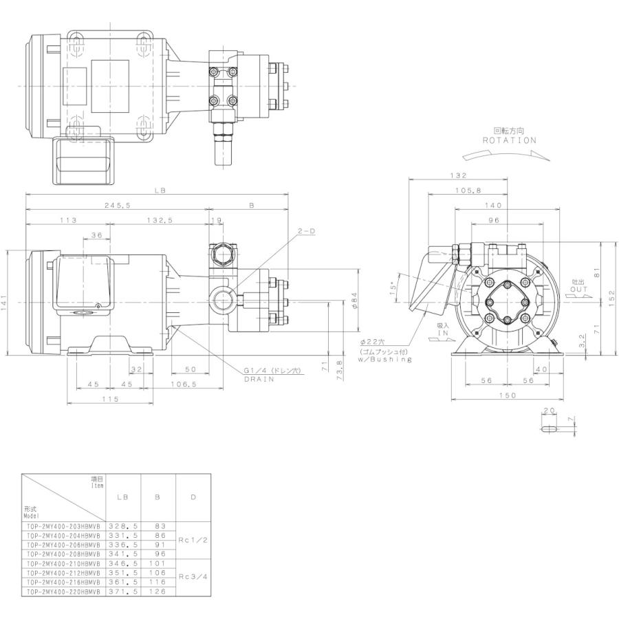 日本オイルポンプ　TOP-2MY400-203HBM-VB　セット圧0.5Mpa　400　440V　380　2MY-2HB　三相モーター一体型　トロコイドポンプ　リリーフバルブ有　400W　標準回転方向