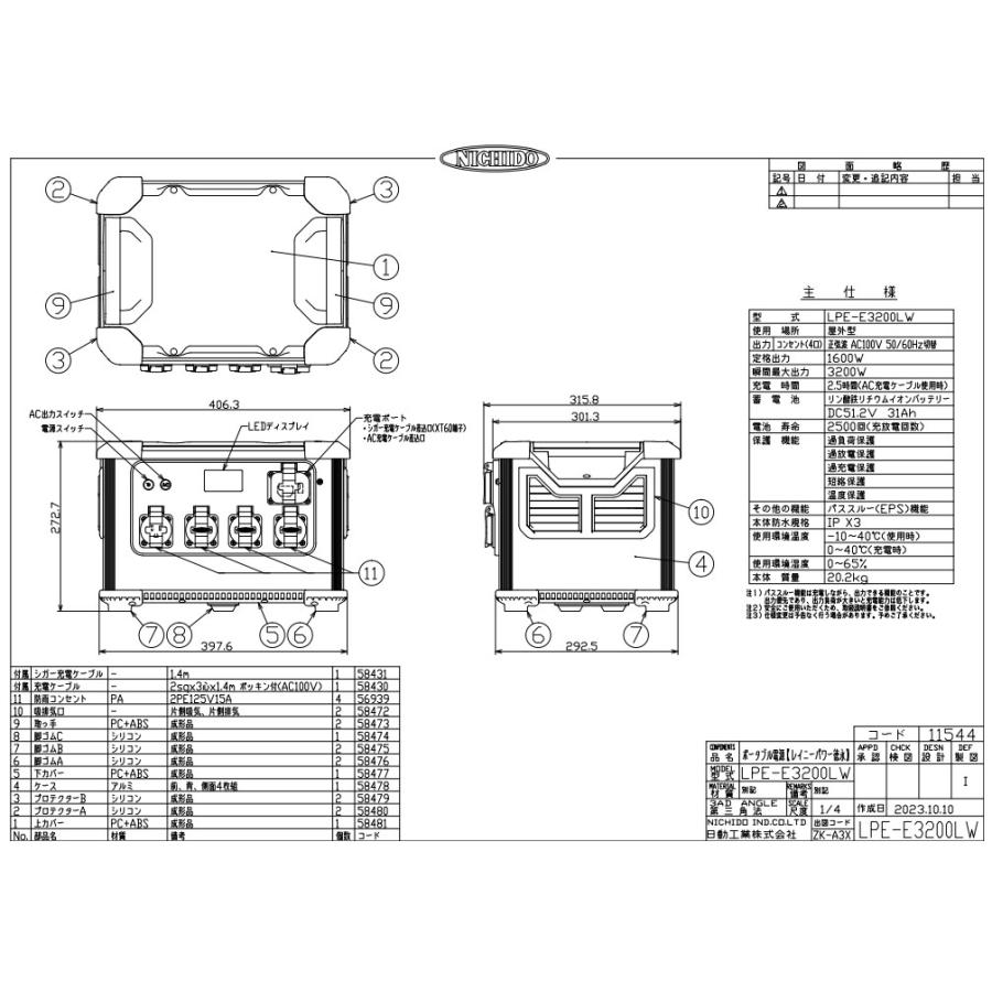 日動工業 LPE-E3200LW 防雨型ポータブル電源「レイニーパワー徳永」 屋内・屋外兼用型 災害 防災 携帯充電 アウトドア キャンプ 車中泊 工事現場　防水規格IPX3｜hokusho-shouji｜07