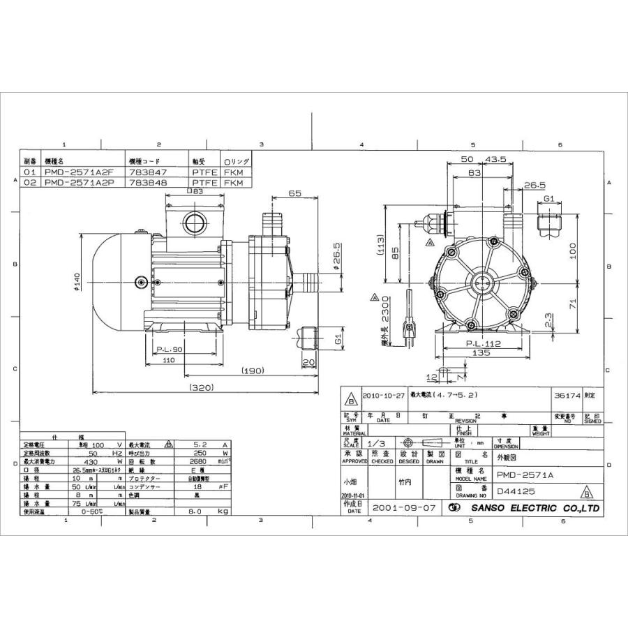三相電機 PMD-2571A2F マグネットポンプ 単相100V 50Hz :PMD-2571A2F