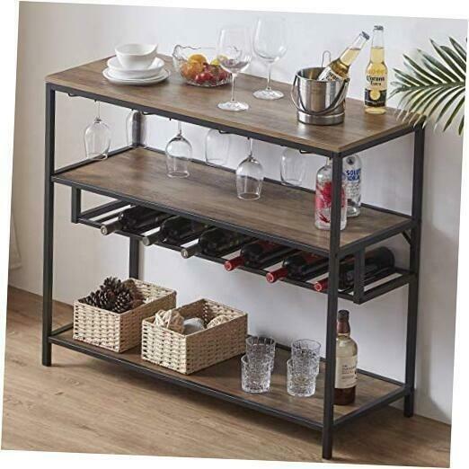 ワインラック Wine Rack Table, Modern Metal and Wood Wine Bar Cabinet Rustic Oak ワインラック