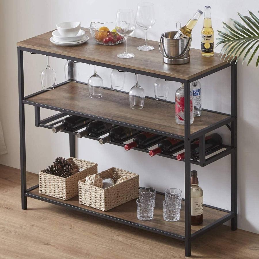ワインラック LVB Wine Rack Table, Modern Metal and Wood Wine Bar Cabinet Freestan