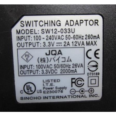 ▲▲ SW12-033U　No-16　DC3.3V/2000mA⇔AC100V　バイコム【PSE承認マーク付】AC/DCアダプター　変圧器【中古/通電チェック済み】トランス | 