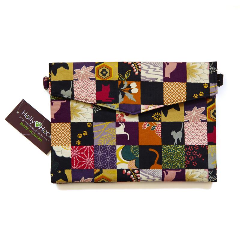 御朱印帳専門店ホリーホック ショルダーストラップ対応 御朱印帳袋 紫 御朱印帳ポーチ 猫市松 お歳暮