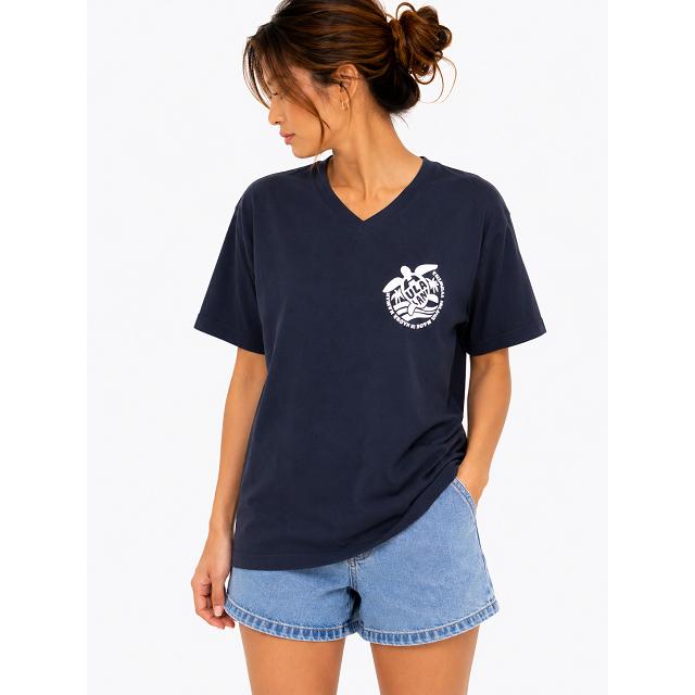 【HAWAIIブランドKAMEA 】半袖ブラウス アンスリウム柄 ネイビー 半袖 レディース Tシャツ Vネック フララニ ハワイ Hulalani Hawaii