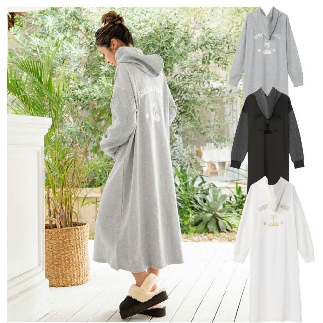 ロングワンピース 長袖 レディース 秋冬 フード付き ニット カジュアル