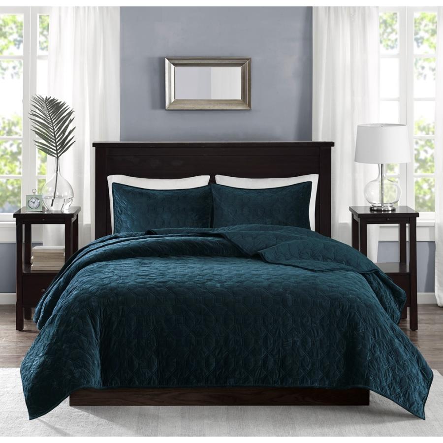 マディソンパーク Madison Park ベッド ベッドリネン bed linen ベッドカバー 薄手の上掛け布団 キルト3点セット ベルベット - クイーンサイズの画像