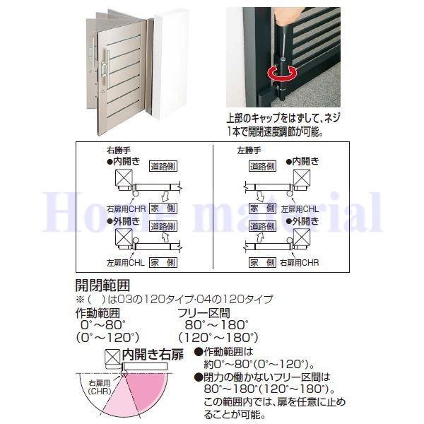 四国化成　エクステリア　補修部品　120タイプ　05：クローザー　ヒンジ　05CH120L-　アルミ形材門扉　2ケ1組　（0°〜120°）内開き左扉・外開き右扉