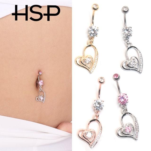 へそピアス 14G ダブルハートダングル バナナバーベル ボディピアス
