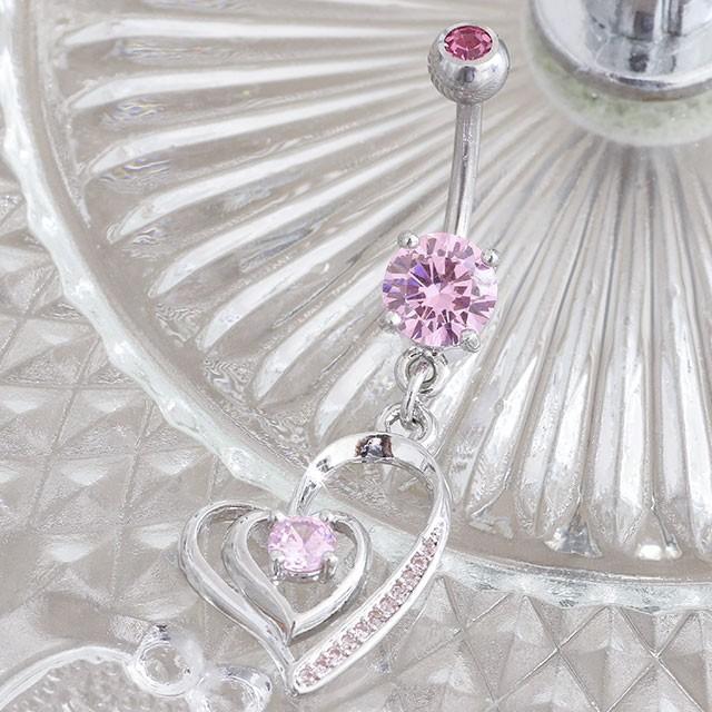 へそピアス 14G ダブルハートダングル バナナバーベル ボディピアス