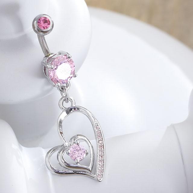 へそピアス 14G ダブルハートダングル バナナバーベル ボディピアス