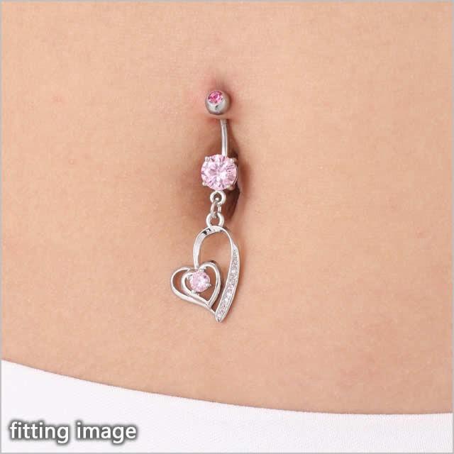 へそピアス 14G ダブルハートダングル バナナバーベル ボディピアス 