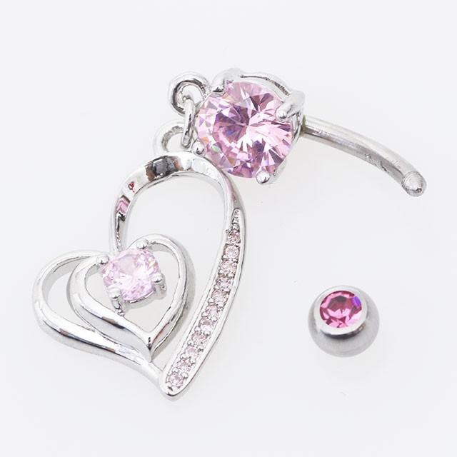 へそピアス 14G ダブルハートダングル バナナバーベル ボディピアス 