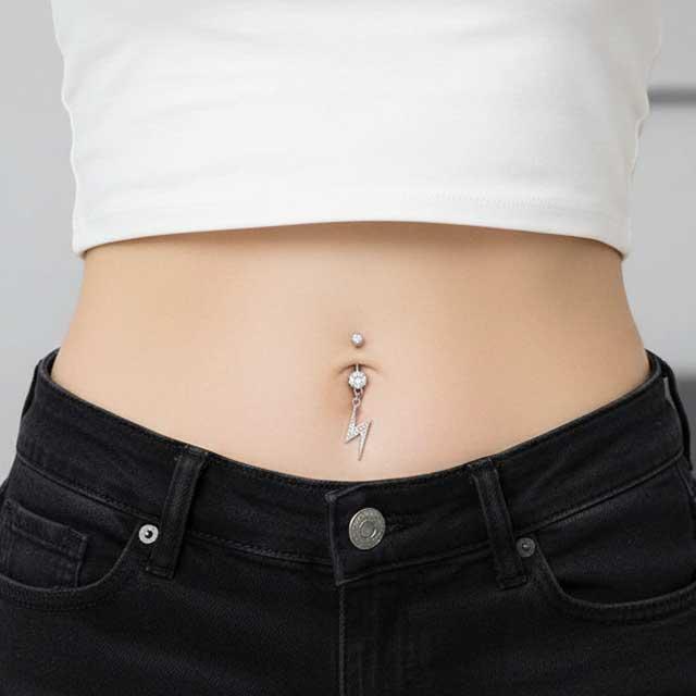 へそピアス 14G ライトニングボルト パヴェ CZ ダングル バナナ