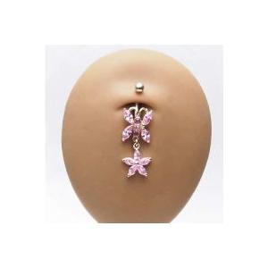 へそピアス 14K 14金 14G バタフライ & フラワー バナナバーベル ボディピアス ボディーピアスの画像