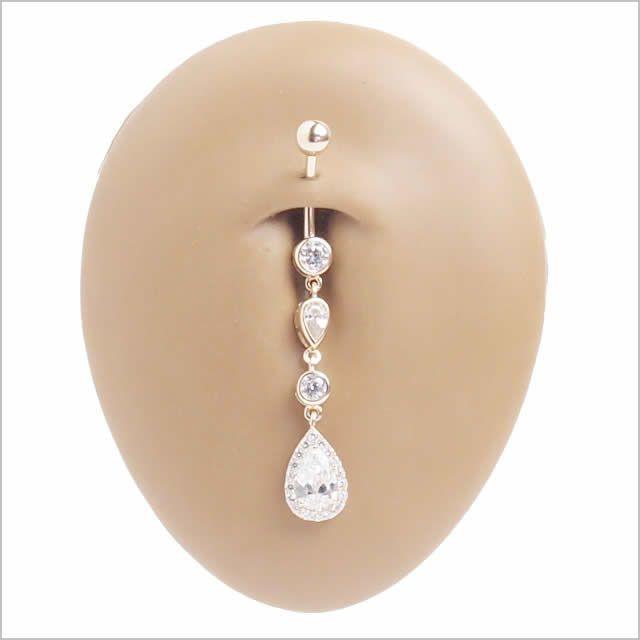14G　14K　ティアドロップ　立爪ゴールド　バナナバーベル　ボディピアス へそピアス 14K 14金 14G ティアドロップ & ラウンドジュエル