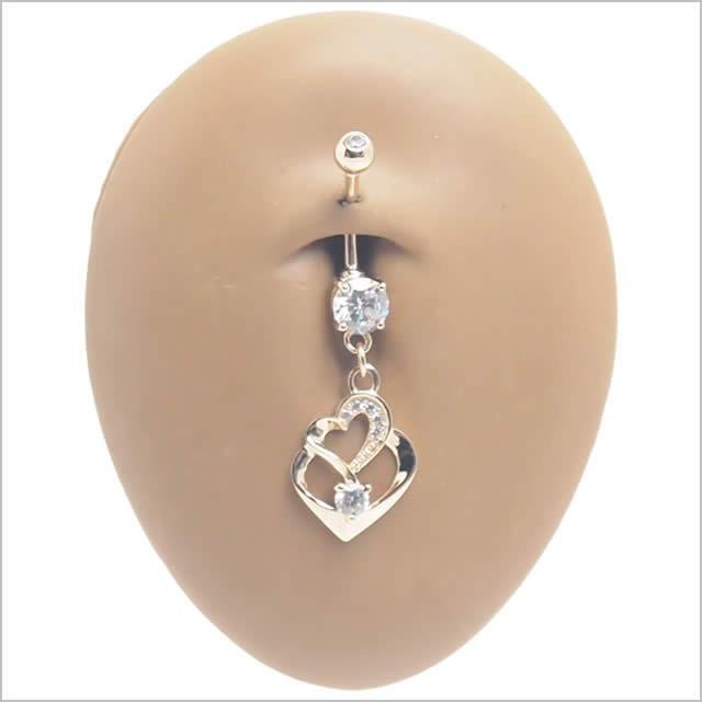 へそピアス 14K 14金 14G ダブルハートダングル バナナバーベル ボディーピアスの画像