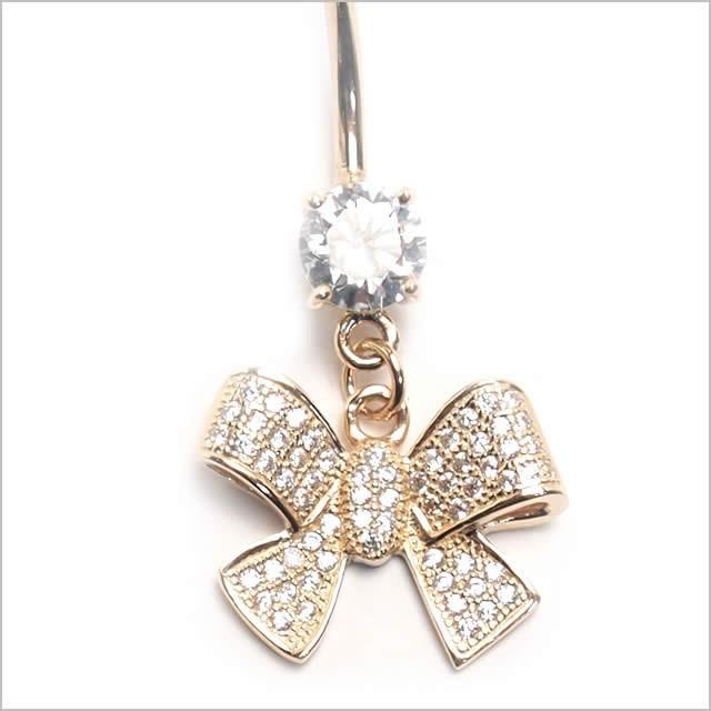 へそピアス 14K 14金 14G リボンダングル バナナバーベル ボディーピアスの画像