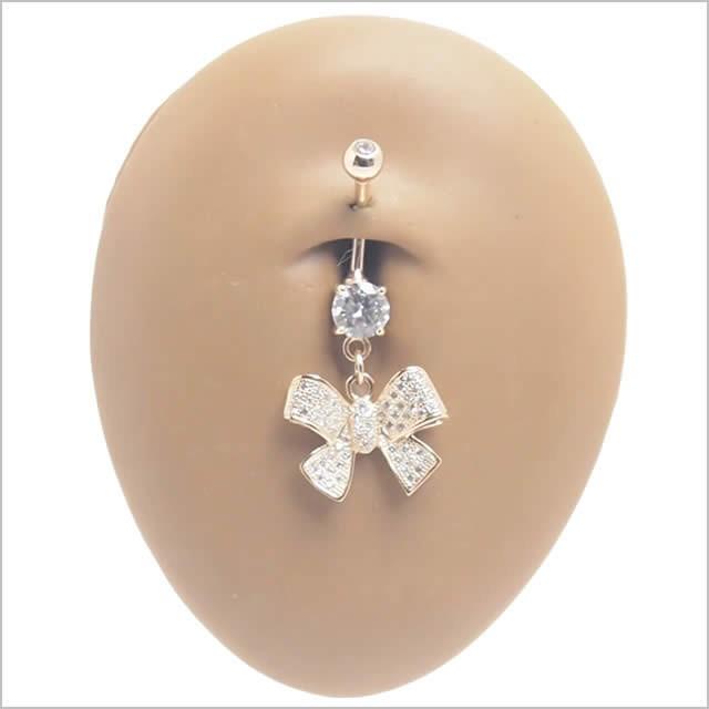へそピアス 14K 14金 14G リボンダングル バナナバーベル ボディーピアスの画像