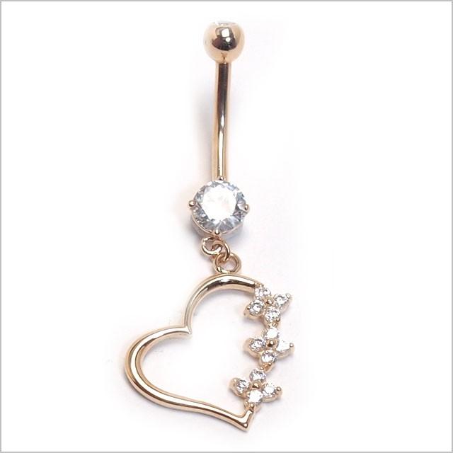 へそピアス 14K 14金 14G トリプルCZフラワーハート バナナバーベル ボディピアス へそピアス 耳ピアスの画像