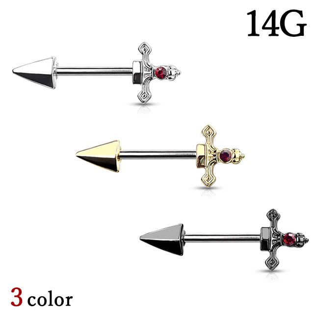 ボディピアス 14G ニップル ピアス ジュエル レッドジェム ダガー 剣