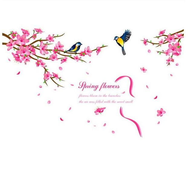 ウォールステッカー 桃の花 二匹の小鳥 二本の桃の花 英字 植物 木 花 雑貨 新作販売 壁紙 賃貸 オーナメント壁紙 はがせるシール 装飾 店舗装飾