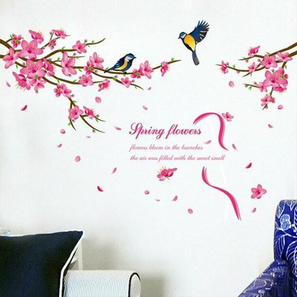 ウォールステッカー 桃の花 二匹の小鳥 二本の桃の花 英字 植物 木 花 雑貨 新作販売 壁紙 賃貸 オーナメント壁紙 はがせるシール 装飾 店舗装飾
