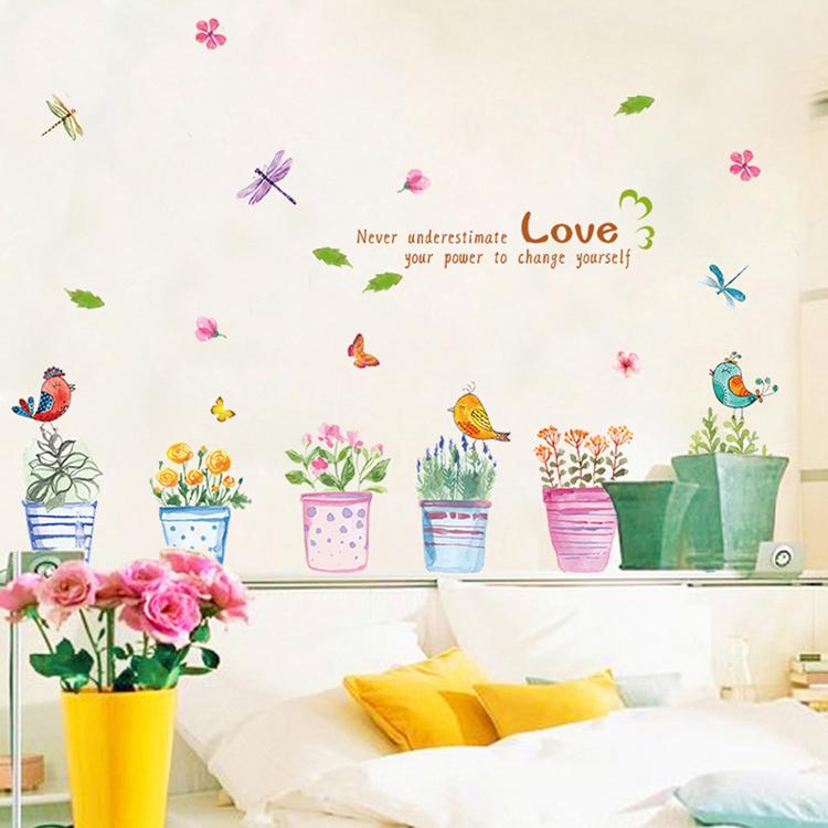 素晴らしい ウォールステッカー 花 鉢植え植木鉢 蝶々と小鳥 壁紙シール 剥がせる 壁飾りウォールステッカー 木 植物 グリーン 緑 インテリアシール 壁飾り Whitesforracialequity Org