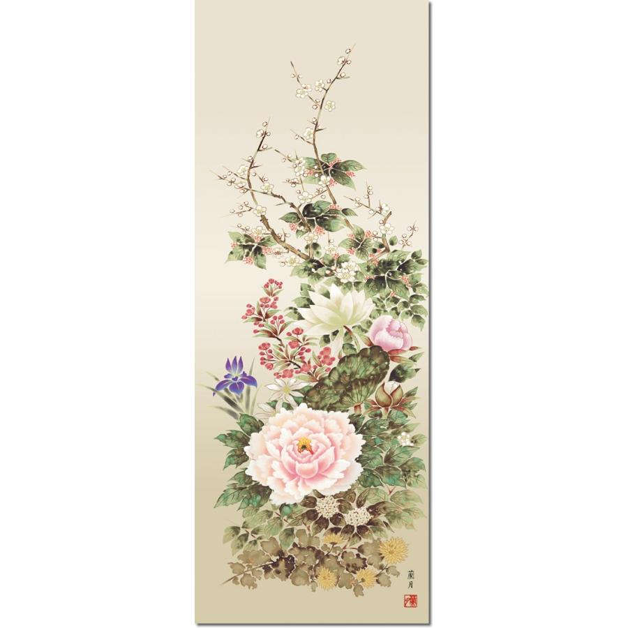 掛け軸-四季花/吉井 蘭月[尺五 桐箱 風鎮 和室 床の間 花鳥画 かけじく