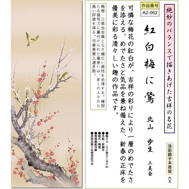掛軸 掛け軸-紅白梅に鶯/北山歩生 花鳥掛軸送料無料(尺五 桐箱)新春用