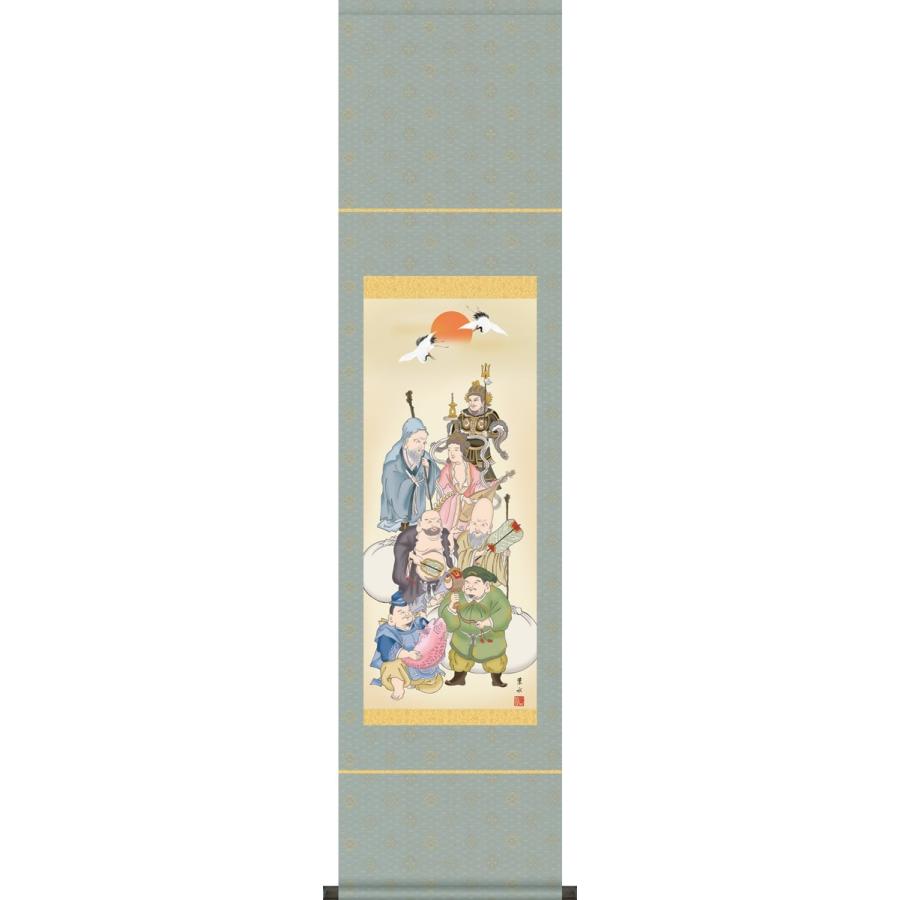 掛軸 掛け軸-七福神/緒方葉水 おめでたい掛軸送料無料(尺幅 化粧箱)祝賀用ミニ掛軸 床の間 和室 飾る 正月 オシャレ モダン 吊るす 表装