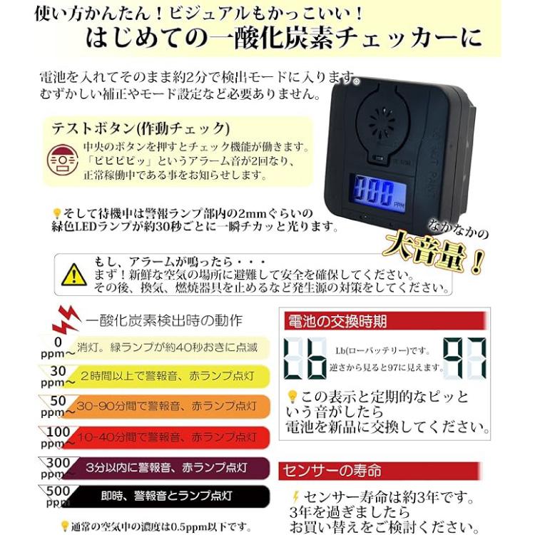 7月1日はP5倍」PTtech 一酸化炭素チェッカー ブラック PT002B「車中泊