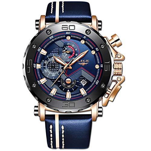 LIGEメンズ腕時計レザーストラップ ブルー メンズ スタンダードウォッチ LG9899C