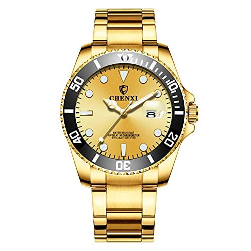 メンズ 回転式ベゼル ブルーダイヤル 夜光腕時計 ゴールド ステンレススチールバンド 防水 アナログ クォーツ 腕時計, ゴールド, クォーツ腕時計。
