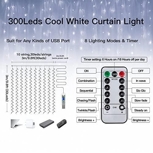 グッズ公式激安通販 Ollny Curtain Lights Christmas Cool White 300 LED 9.8ftx9.8ft， Remote USB P