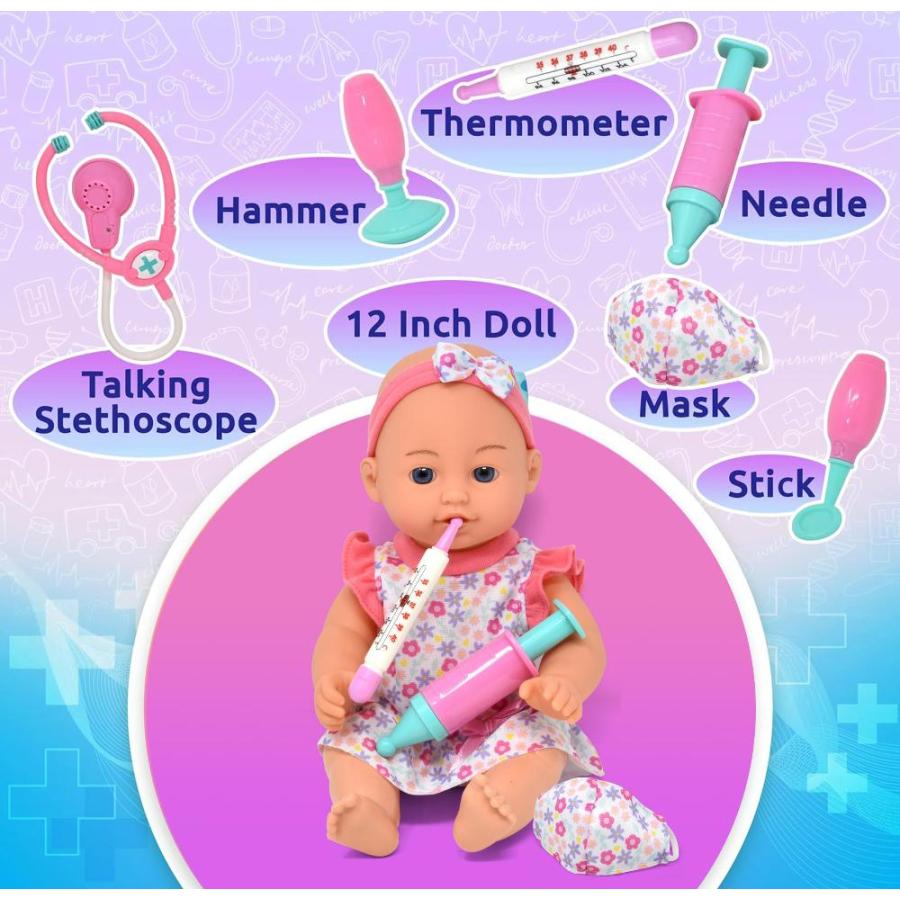 アウトレット買蔵 Pretend Play Medical Set， Baby Doll Doctor Kit for Kids Includes 30cm Doll，