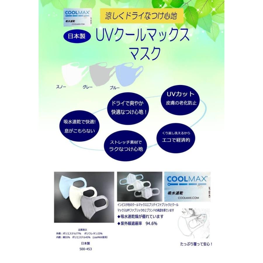 マスク ますく UVクールマックス 涼しい 肌に優しい 洗える 繰り返し 使える ドライ 吸水速乾 日本製 ブルー 青 スノー 白 グレー 灰 ピンク 桃 ネイビー 紺｜hondaya｜02