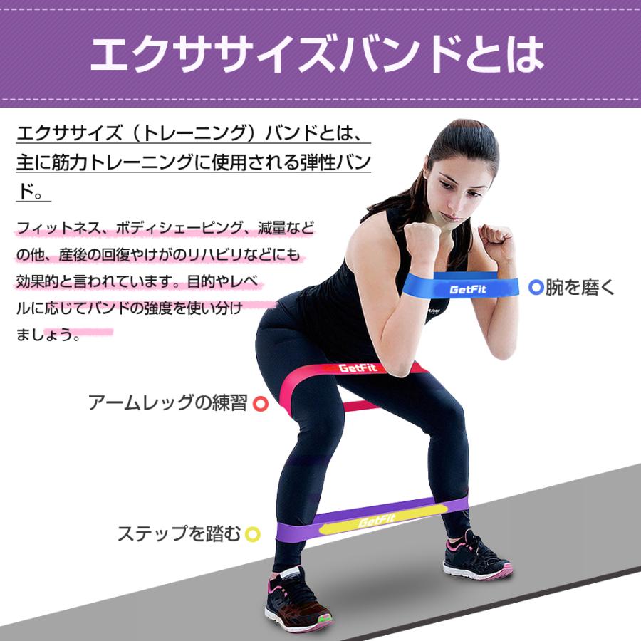 エクササイズバンド 5本 GETFIT トレーニングチューブ ゴムバンド パワーベルト ストレッチ ループバンド 筋トレ 足首 ストレッチバンド ループバンド｜honest-online｜07