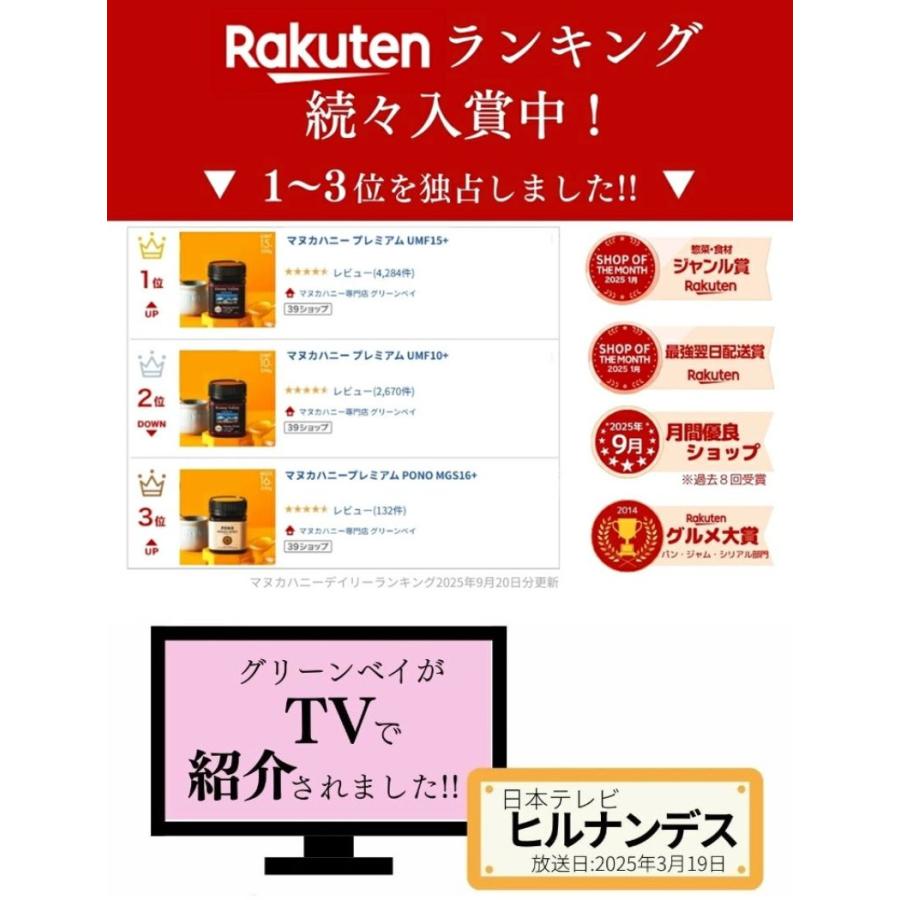 マヌカハニー MGS12+ レビュー4.7以上 発がん性 不検出 無農薬 はちみつ お試し プレミアム MGO 400+ 250g 送料無料 非加熱 生マヌカ 産地限定 爆買 |  | 04