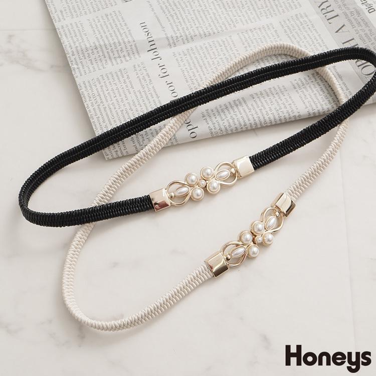 ベルト ゴムベルト パール アクセント ワンポイント 伸びる 通勤 セレモニー 上品 おしゃれ Honeys ハニーズ パール付ゴムベルト 限定製作