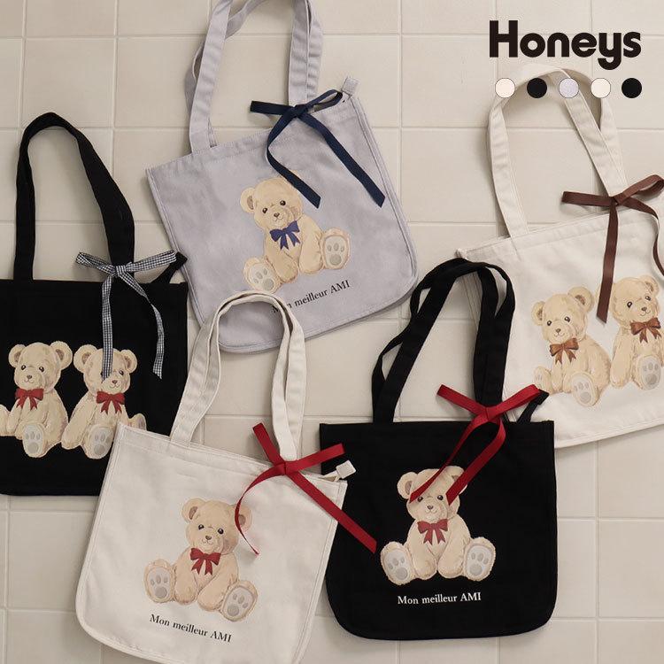 鞄 トートバッグ イラストプリント クマ リボン かわいい キャンバス おしゃれ レディース Honeys ハニーズ くまプリントトートｂａｇ ハニーズ Paypayモール店 通販 Paypayモール