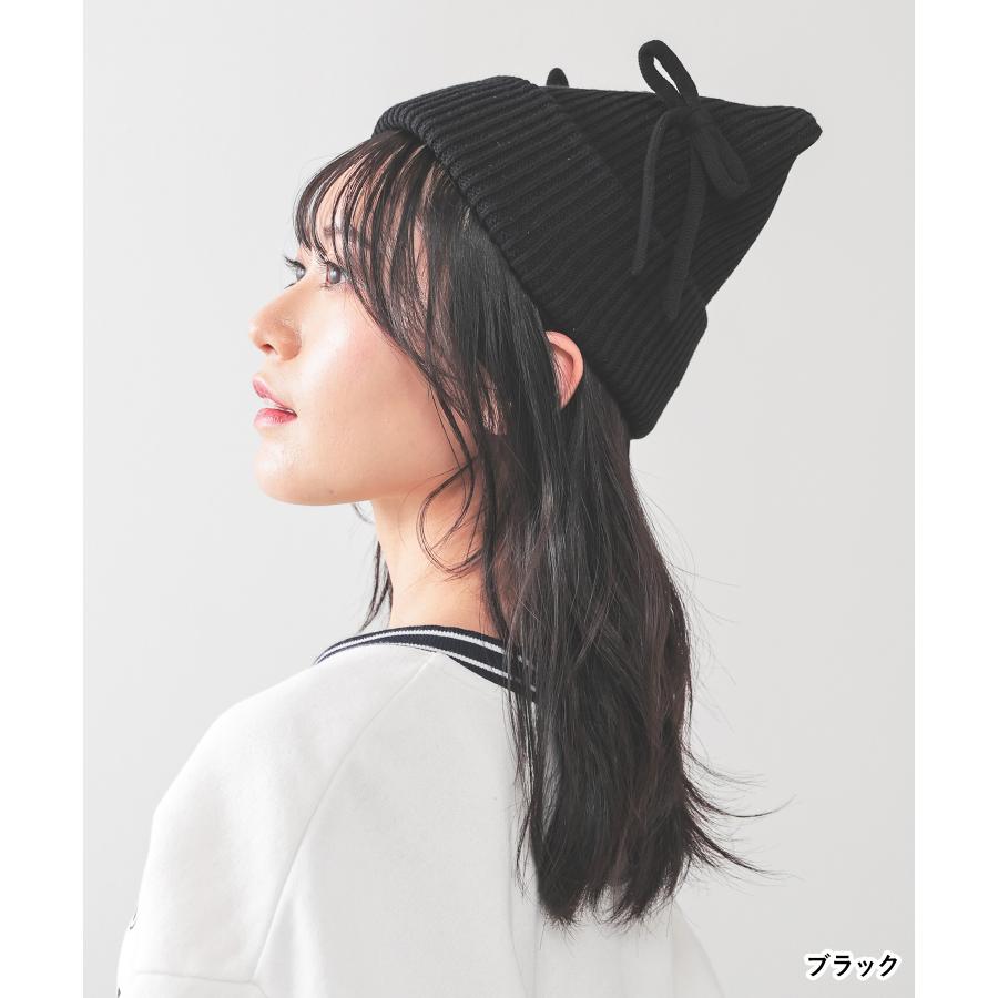 Honeys（ハニーズ） 帽子 ニット帽 ネコ耳 ニット リブ リボン付き