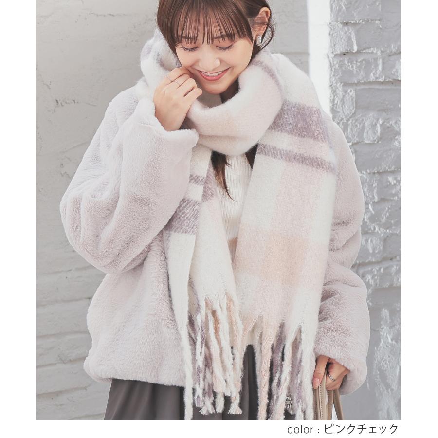 Honeys（ハニーズ） マフラー 太フリンジ チェック柄 両面起毛