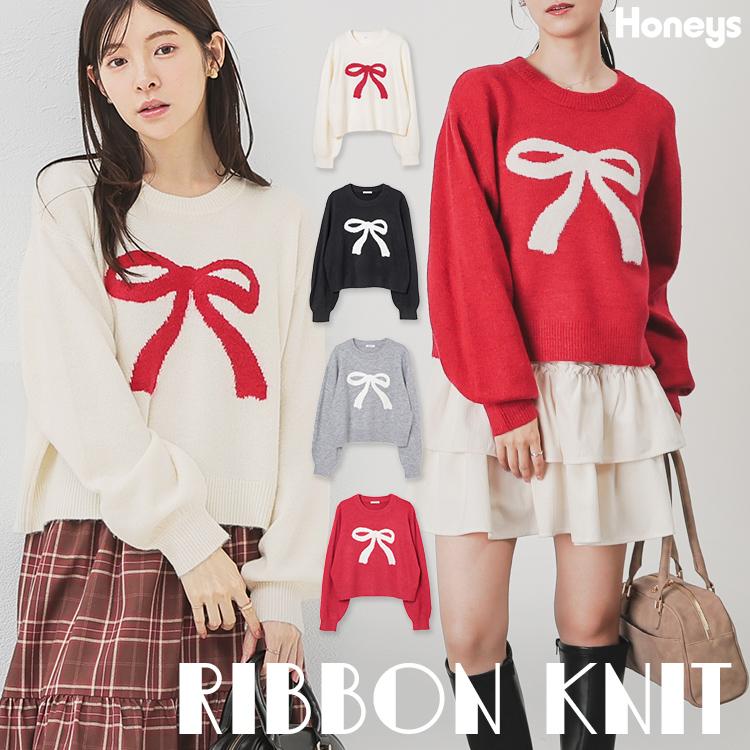 Honeys トップス ニット セーター 長袖 リボン柄 再生ポリエステル