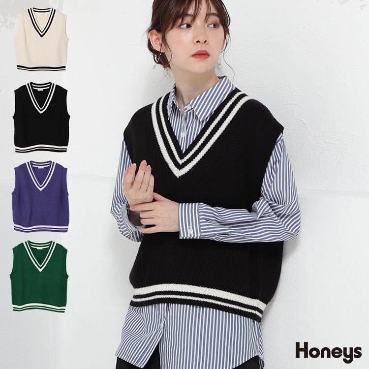 トップス ベスト レイヤード 重ね着 ｖネック ライン スクールコーデ コンパクト レディース 秋 Honeys ハニーズ ライン入りベスト ハニーズ Yahoo 店 通販 Yahoo ショッピング