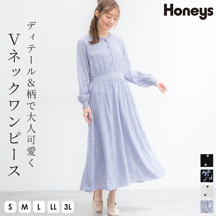 Honeys ワンピース ロングワンピ ロング丈 長袖 Vネック 花柄 Honeys ワンピース ロングワンピ ロング丈 長袖 Vネック 花柄