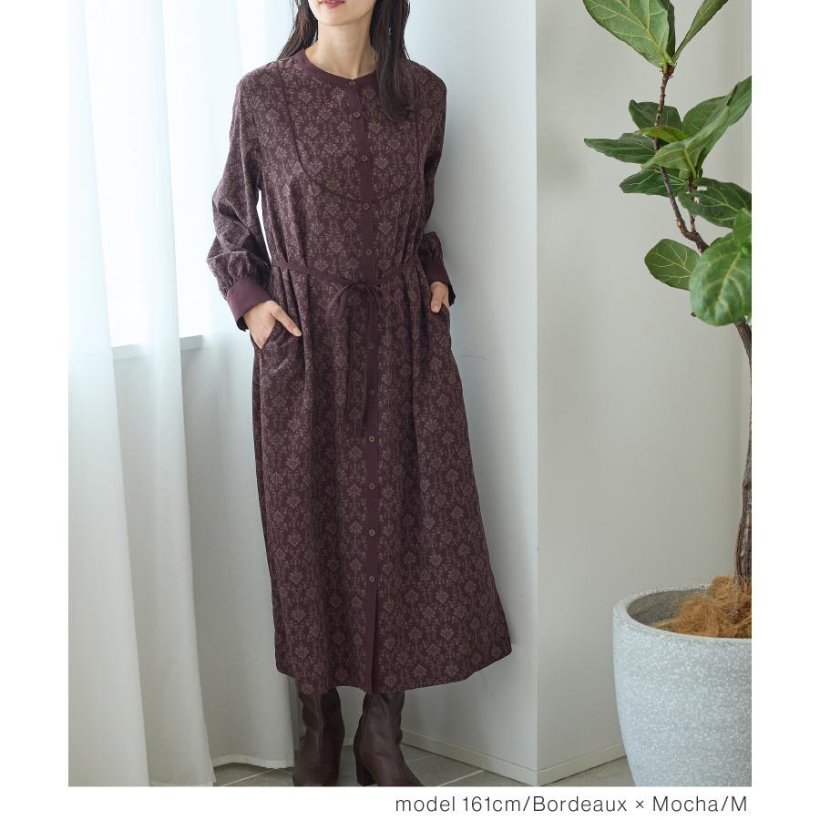 Honeys ワンピース 長袖 ロング丈 バンドカラー アラベスク柄