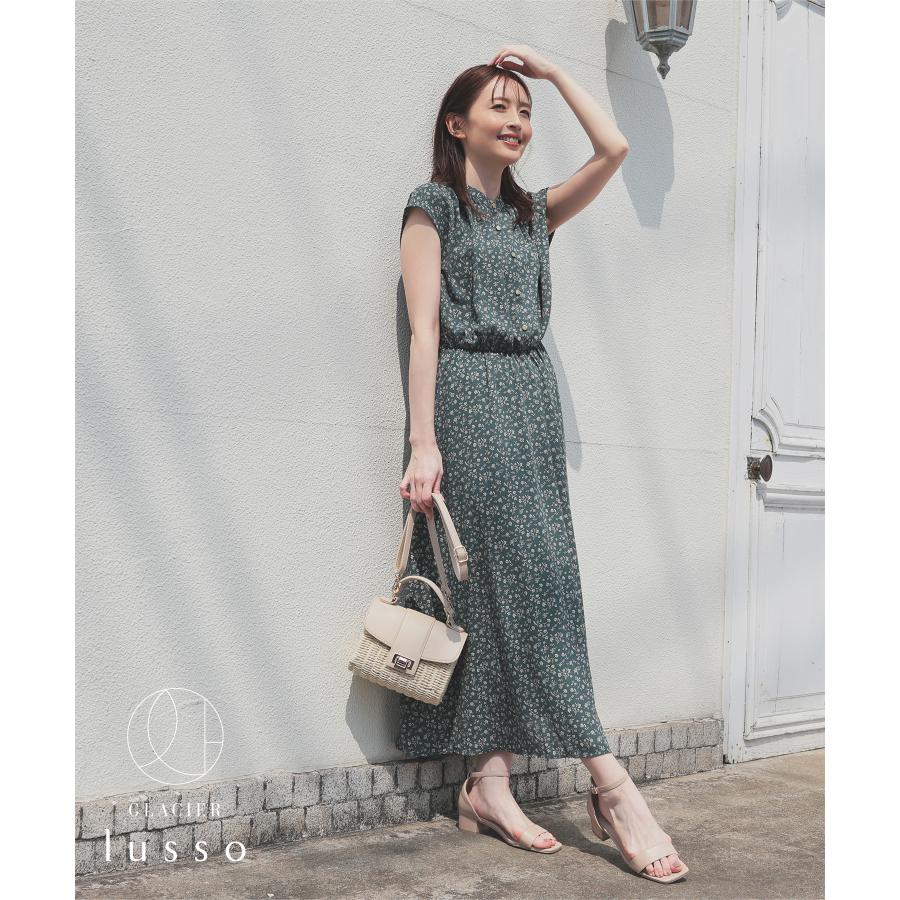 Honeys ワンピース ロング丈 マオカラーワンピース 花柄 総柄