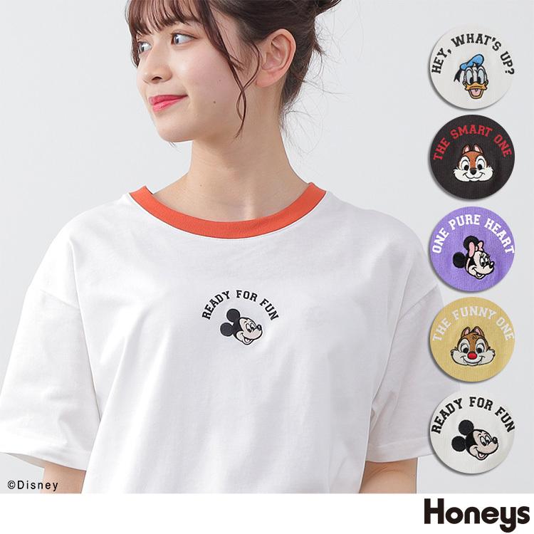 トップス Tシャツ ゆったり 半袖 リンガー 綿混 刺繍 キャラクター レディース 夏 秋 Honeys ハニーズ ディズニー ゆるｔシャツ ハニーズ Paypayモール店 通販 Paypayモール