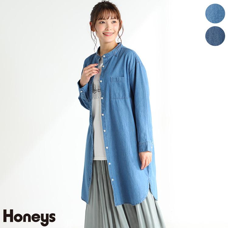 ワンピース 羽織り シャツ デニム シンプル シャツワンピース オールシーズン レディース Honeys ハニーズ デニムマオカラーワンピ ハニーズ オンラインショップ 通販 Paypayモール