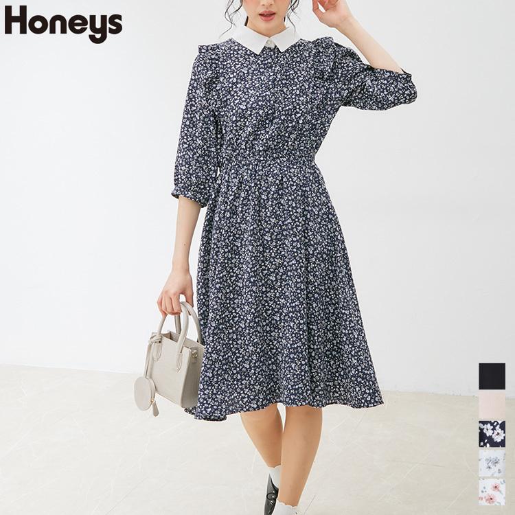 ワンピース 6分袖 肩フリル 無地 花柄 衿付き 襟付き 可愛い レディース 春 Sale セール Honeys ハニーズ 衿付ワンピース Web限定llサイズ有 ハニーズ Yahoo 店 通販 Yahoo ショッピング